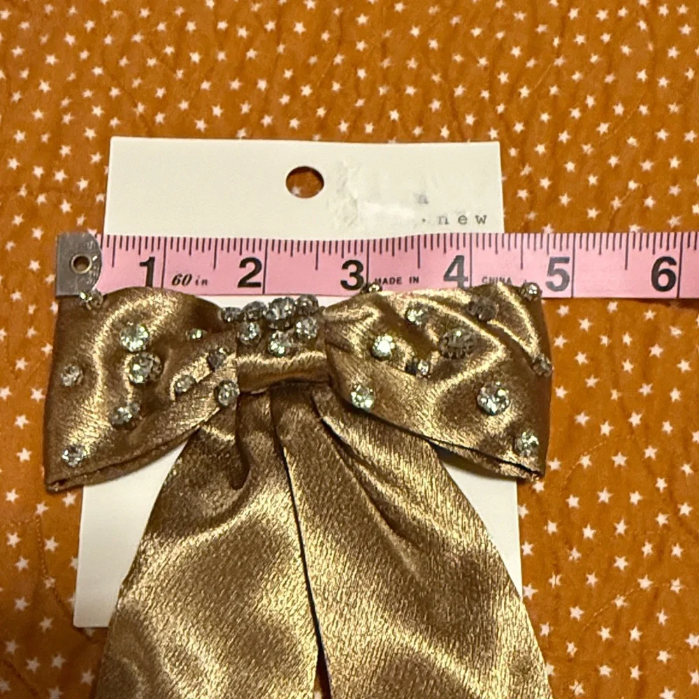 a new day Gold and Green Satin Bow Hair Clips with Rhinestone Accents